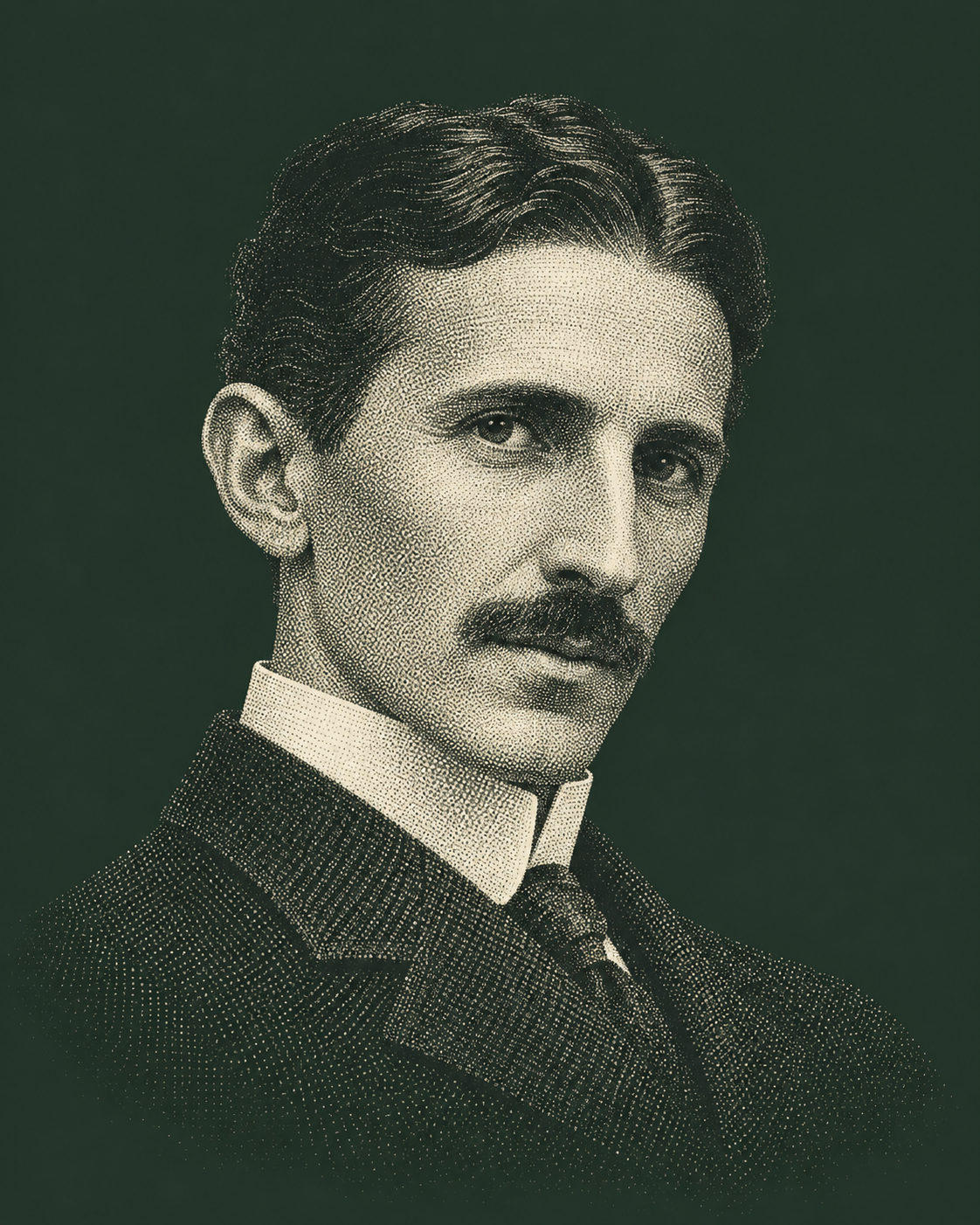 Dotted halftone illustration of Nikola Tesla in a dark suit